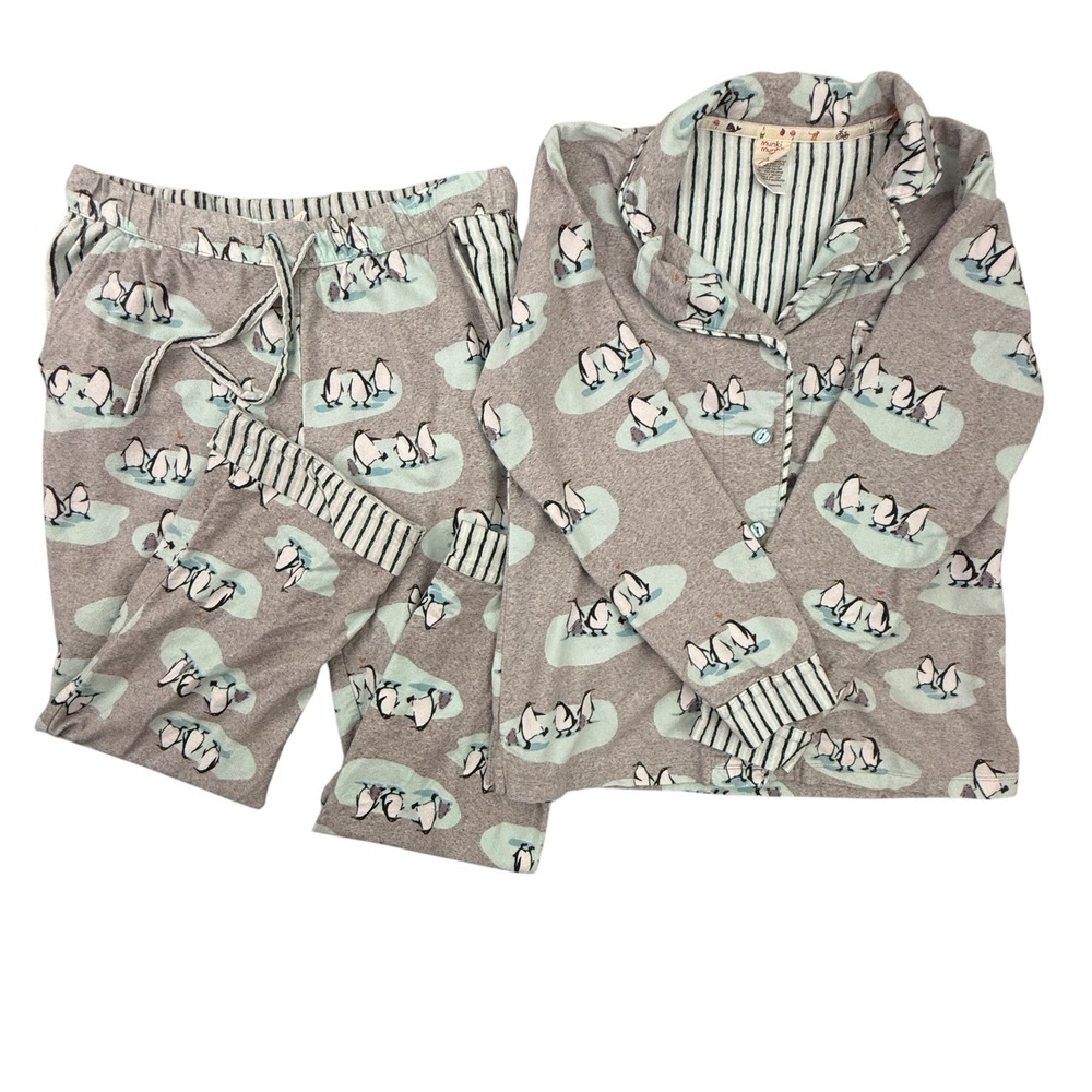 Munki Munki Pajama Set Womens Medium Gray Penguin Print Flannel Long Sleeve